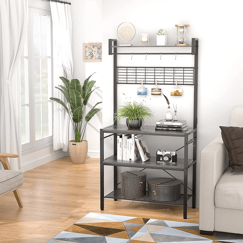 Armocity Kitchen Bakers Rack with Hutch, Industrial Microwave Stand 3-Tier Utility Storage Shelf Rack, Free Standing Coffee Station with 10 Hooks, Gray Brown