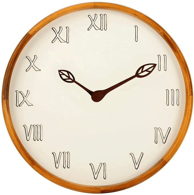 AROMUSTIME 12 Inches Round Wood Wall Clock with Hollow Arabic Numerals, Whisper Quiet, Wood Leaf Pointer&No Glass Cover, for Office Kitchen Bedroom Classroom&Living Room, Brown Home & Garden > Decor > Clocks > Wall Clocks AROMUSTIME Roman  
