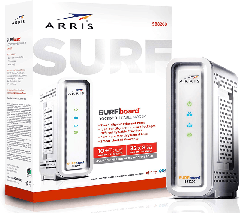 ARRIS SURFboard SB8200 DOCSIS 3.1 Gigabit Cable Modem, Approved for Cox, Xfinity, Spectrum & others , White , Max Internet Speed Plan 2000 Mbps Electronics > Networking > Modems ARRIS White 32x8 Cable Modem Docsis 3.1 Max Internet Speed Plan 2000 Mbps