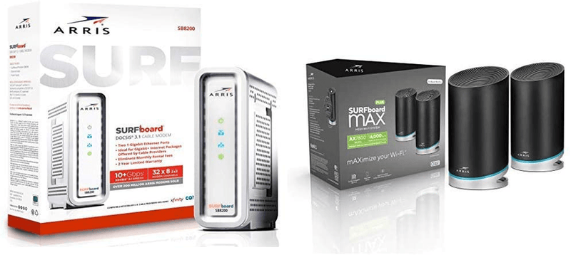 ARRIS SURFboard SB8200 DOCSIS 3.1 Gigabit Cable Modem, Approved for Cox, Xfinity, Spectrum & others , White , Max Internet Speed Plan 2000 Mbps Electronics > Networking > Modems ARRIS White 32x8 3.1 with Mesh Router AX7800 (2 pack) Max Internet Speed Plan 2000 Mbps