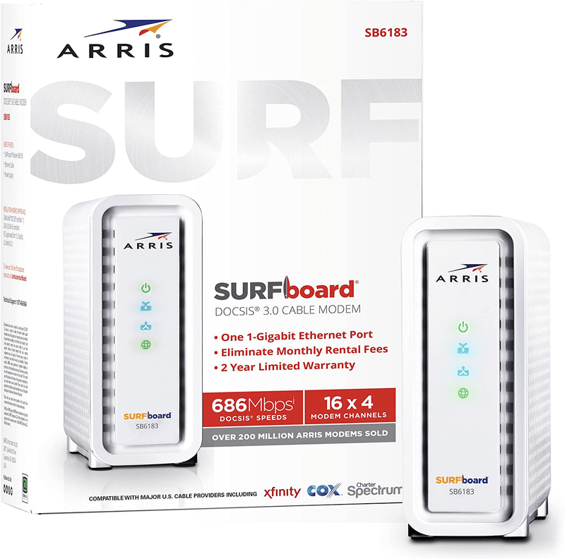 ARRIS SURFboard SB8200 DOCSIS 3.1 Gigabit Cable Modem, Approved for Cox, Xfinity, Spectrum & others , White , Max Internet Speed Plan 2000 Mbps Electronics > Networking > Modems ARRIS White 16x4 Cable Modem Max Internet Speed Plan 300 Mbps