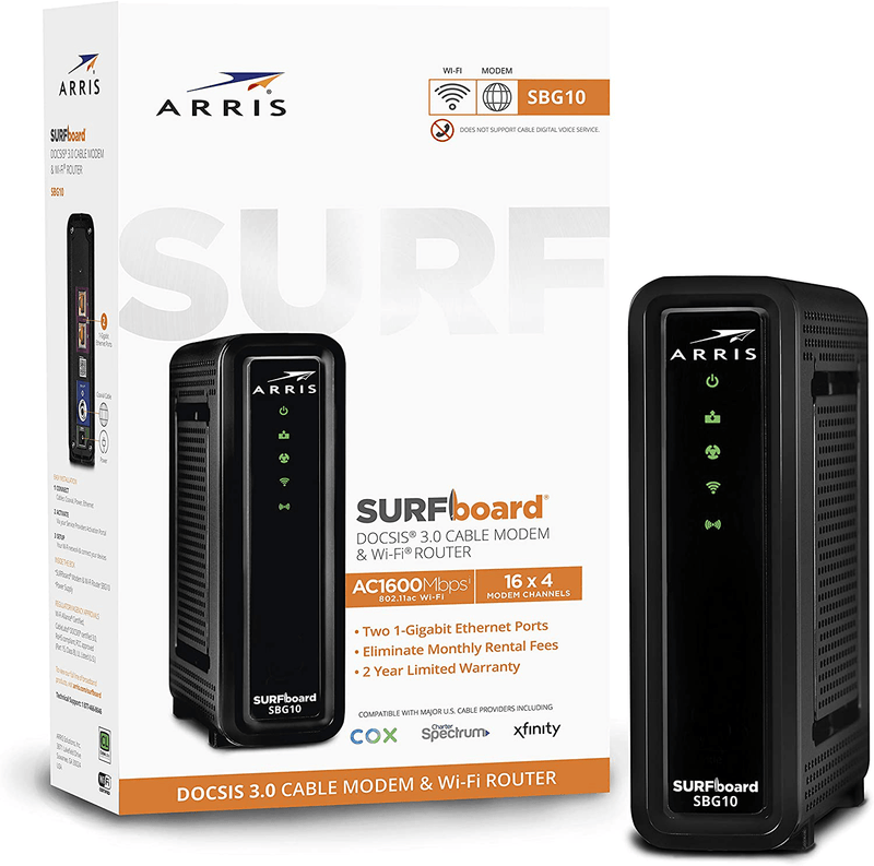 ARRIS SURFboard SBG10 DOCSIS 3.0 Cable Modem & AC1600 Dual Band Wi-Fi Router, Approved for Cox, Spectrum, Xfinity & others (black) Electronics > Networking > Modems ARRIS Default Title  