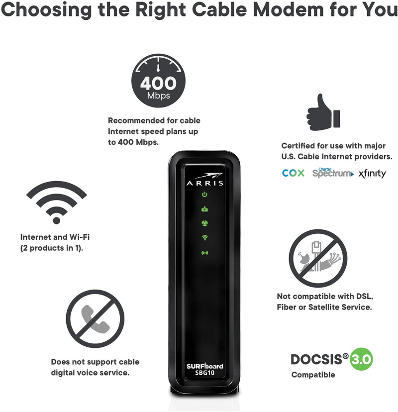 ARRIS SURFboard SBG10 DOCSIS 3.0 Cable Modem & AC1600 Dual Band Wi-Fi Router, Approved for Cox, Spectrum, Xfinity & others (black) Electronics > Networking > Modems ARRIS   