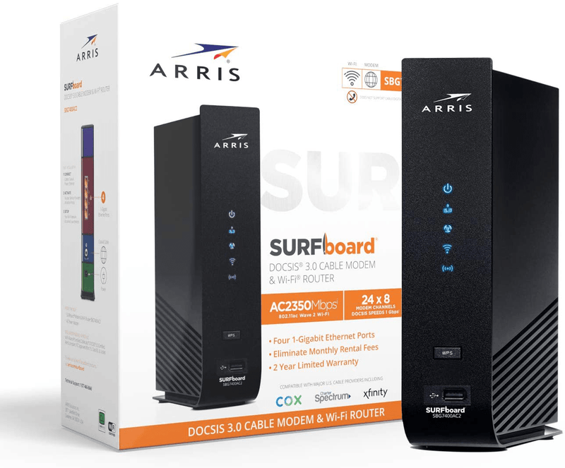 ARRIS SURFboard SBG7400AC2 DOCSIS 3.0 Cable Modem & AC2350 Dual-Band Wi-Fi Router, Approved for Cox, Spectrum, Xfinity & others (black)