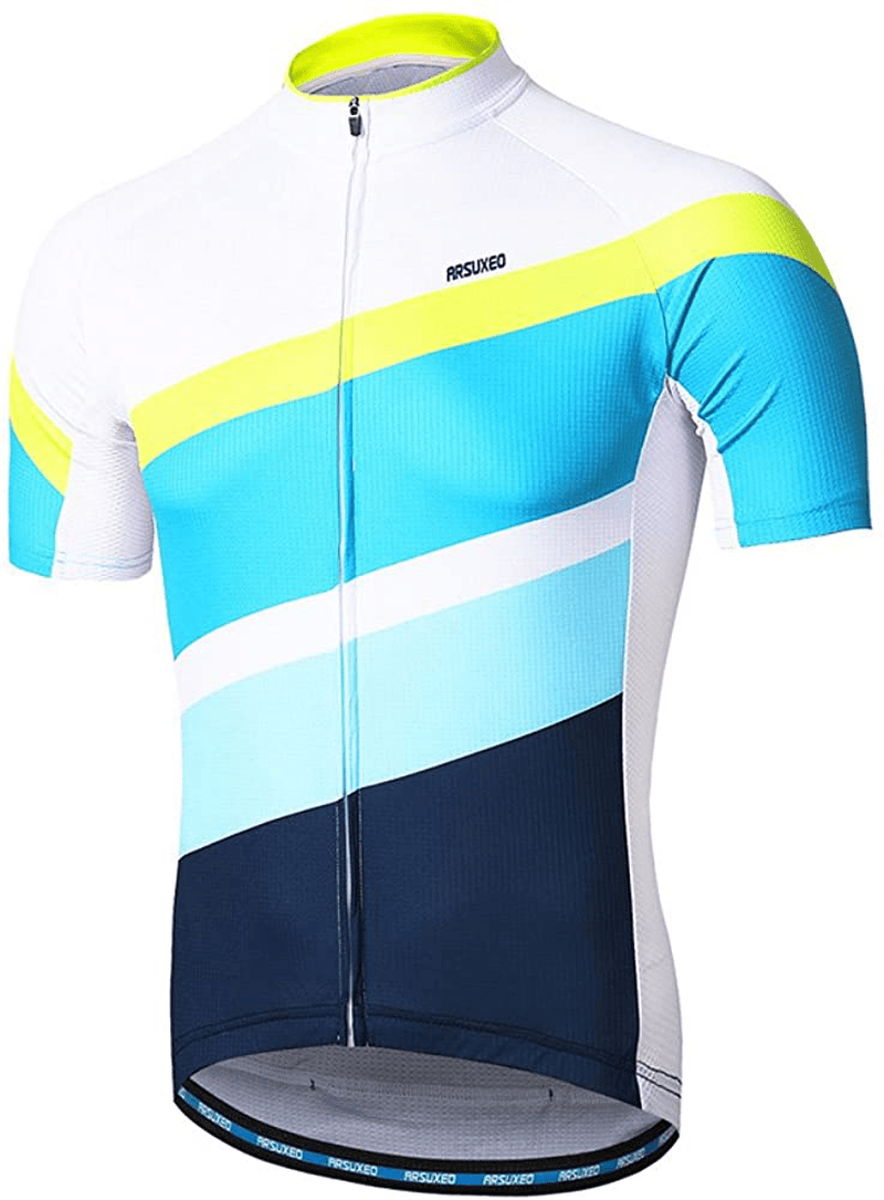 ARSUXEO Men's Cycling Jersey Short Sleeves Mountain Bike Shirt MTB Top Zipper Pockets Reflective