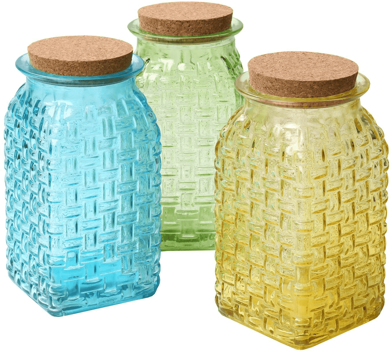Art & Artifact 3-Piece Glass Basketweave Vase Set - Decorative Yellow, Green and Blue Jars with Cork Stopper Lids - Flower Holders, Storage Containers and Home Decor Accent Home & Garden > Decor > Vases ART & ARTIFACT Default Title  