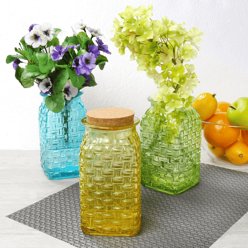 Art & Artifact 3-Piece Glass Basketweave Vase Set - Decorative Yellow, Green and Blue Jars with Cork Stopper Lids - Flower Holders, Storage Containers and Home Decor Accent Home & Garden > Decor > Vases ART & ARTIFACT   