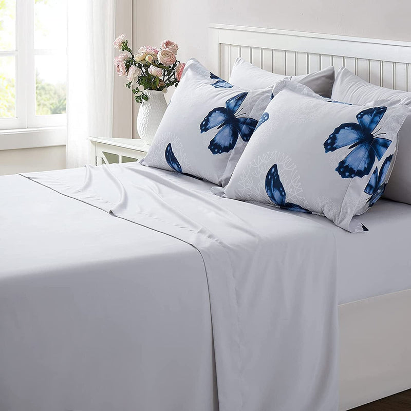 ARTALL Butterfly Pattern Bed in a Bag Bedding 8 Piece Full/Queen Comforter Sets 1 Comforter, 2 Pillow Shams, 1 Flat Sheet, 1 Fitted Sheet, 1 Bed Skirt, 2 Pillowcases,Blue