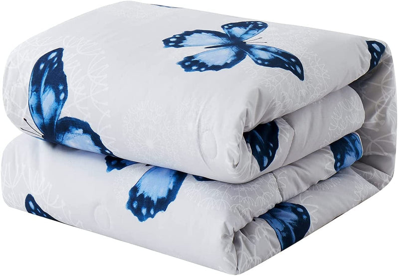 ARTALL Butterfly Pattern Bed in a Bag Bedding 8 Piece Full/Queen Comforter Sets 1 Comforter, 2 Pillow Shams, 1 Flat Sheet, 1 Fitted Sheet, 1 Bed Skirt, 2 Pillowcases,Blue