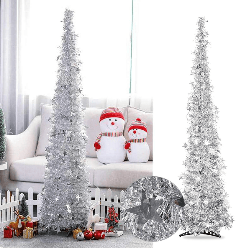 Artificial Christmas Tree Metal Stand, Glittery Tinsel Christmas Tree, 47inch Collapsible Xmas Trees with Plump Sequin for Holiday Decor - Easy to Assemble (Silver) Home & Garden > Decor > Seasonal & Holiday Decorations > Christmas Tree Stands Yugust   