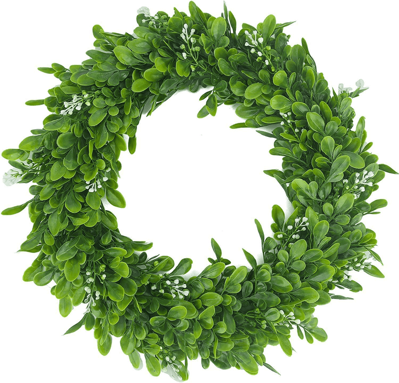 Artificial Eucalyptus Green Leaf Wreath with Cotton, Spring Summer Outdoor Ornaments for Front Door Bedroom Wall Window Home Office, Housewarming Gift, and Easter Valentine Decor (11.8 Inch) Home & Garden > Decor > Seasonal & Holiday Decorations Cosymax   