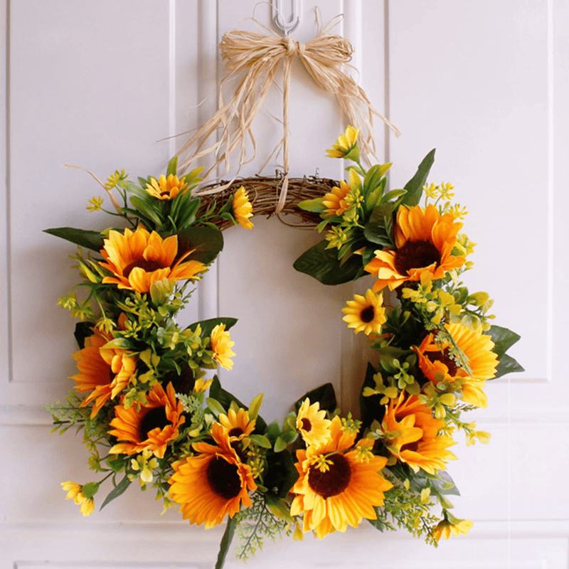 Artificial Sunflower Wreath Flower Wreath with Yellow Sunflower and Green Leaves for Front Door Indoor or Outdoor Wall Wedding Home Decoration, 13.8"