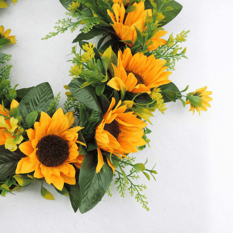 Artificial Sunflower Wreath Flower Wreath with Yellow Sunflower and Green Leaves for Front Door Indoor or Outdoor Wall Wedding Home Decoration, 13.8"