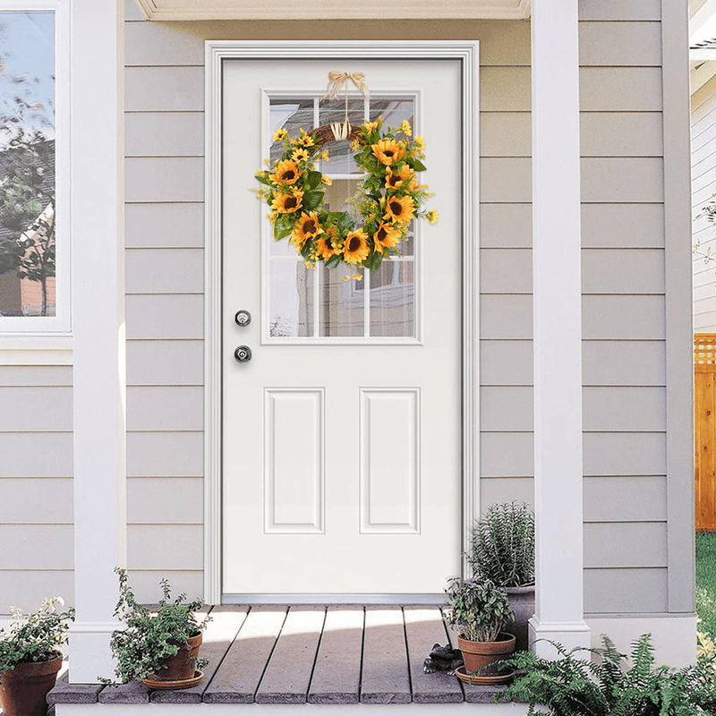 Artificial Sunflower Wreath Flower Wreath with Yellow Sunflower and Green Leaves for Front Door Indoor or Outdoor Wall Wedding Home Decoration, 13.8" Home & Garden > Plants > Flowers Sunm Boutique   
