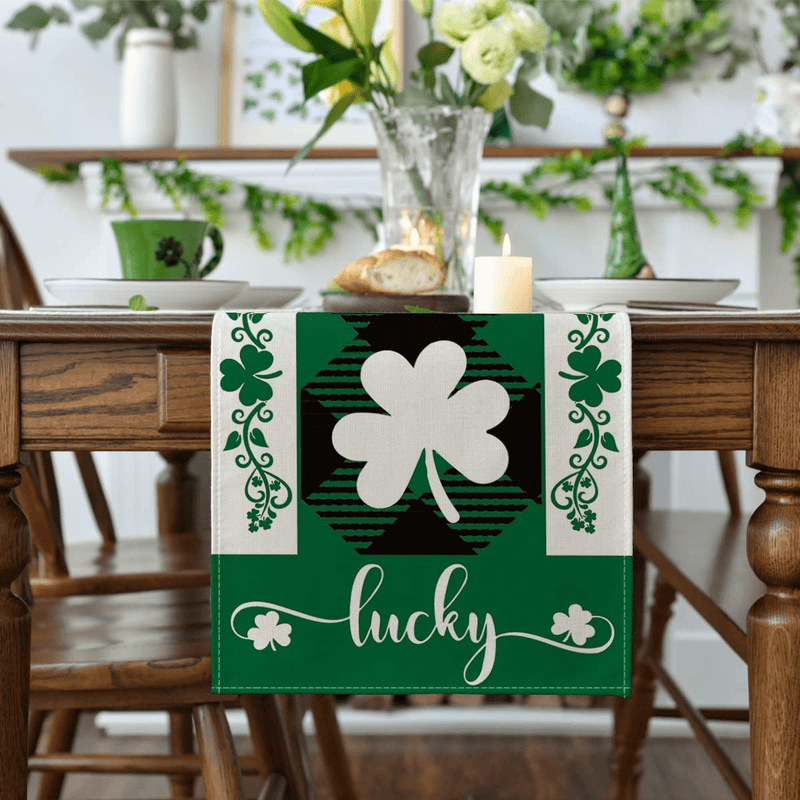 Artoid Mode Black Green Buffalo Plaid Lucky Shamrock St. Patrick'S Day Table Runner, Seasonal Spring Holiday Kitchen Dining Table Decoration for Indoor Outdoor Home Party Decor 13 X 72 Inch Arts & Entertainment > Party & Celebration > Party Supplies Artoid Mode   