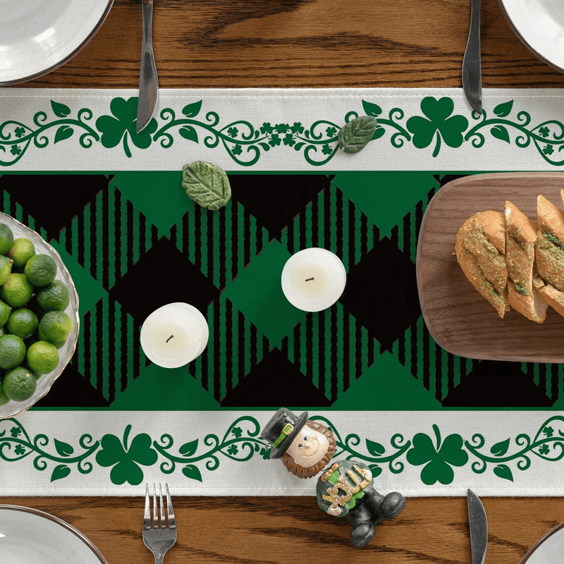 Artoid Mode Black Green Buffalo Plaid Lucky Shamrock St. Patrick'S Day Table Runner, Seasonal Spring Holiday Kitchen Dining Table Decoration for Indoor Outdoor Home Party Decor 13 X 72 Inch Arts & Entertainment > Party & Celebration > Party Supplies Artoid Mode   