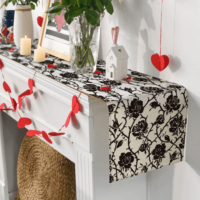 Artoid Mode Black Rose Flower Valentine'S Day Table Runner, Seasonal Anniversary Wedding Holiday Kitchen Dining Table Decoration for Indoor Outdoor Home Party Decor 13 X 72 Inch Home & Garden > Decor > Seasonal & Holiday Decorations Artoid Mode   