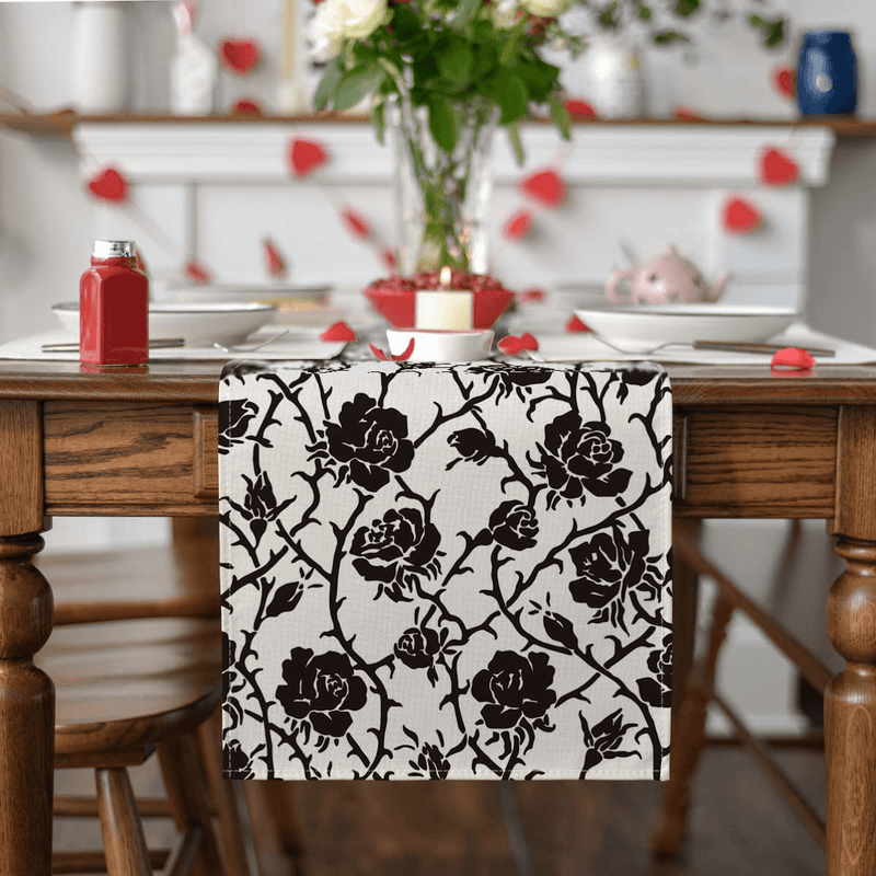 Artoid Mode Black Rose Flower Valentine'S Day Table Runner, Seasonal Anniversary Wedding Holiday Kitchen Dining Table Decoration for Indoor Outdoor Home Party Decor 13 X 72 Inch Home & Garden > Decor > Seasonal & Holiday Decorations Artoid Mode   