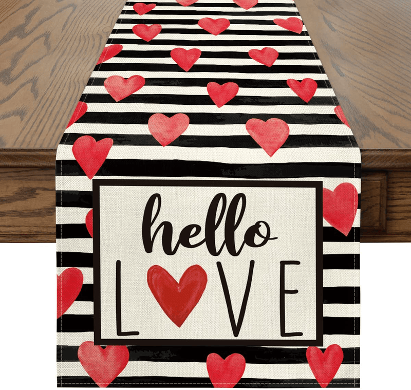 Artoid Mode Black Stripes Heart Hello Love Valentine'S Day Table Runner, Seasonal Anniversary Wedding Holiday Kitchen Dining Table Decoration for Indoor Outdoor Home Party Decor 13 X 72 Inch Home & Garden > Decor > Seasonal & Holiday Decorations Artoid Mode   