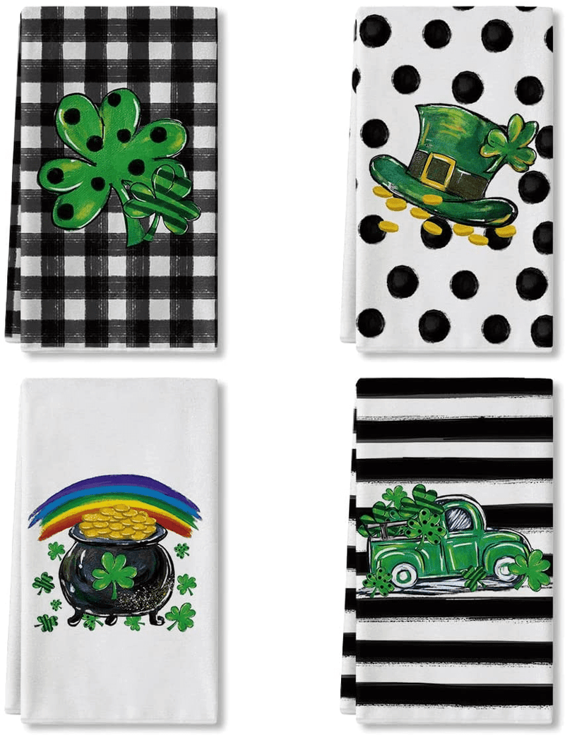 Artoid Mode Black White Buffalo Plaid Dot Truck Shamrock St. Patrick'S Day Home Kitchen Towels, 18 X 26 Inch Holiday Ultra Absorbent Drying Cloth Dish Towels for Cooking Baking Set of 4