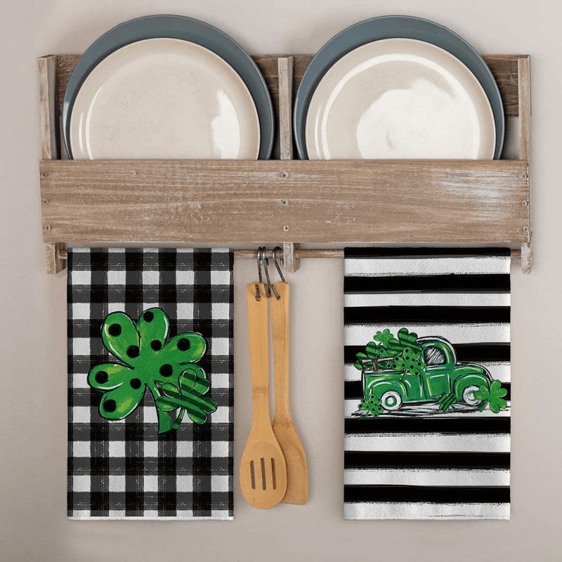 Artoid Mode Black White Buffalo Plaid Dot Truck Shamrock St. Patrick'S Day Home Kitchen Towels, 18 X 26 Inch Holiday Ultra Absorbent Drying Cloth Dish Towels for Cooking Baking Set of 4
