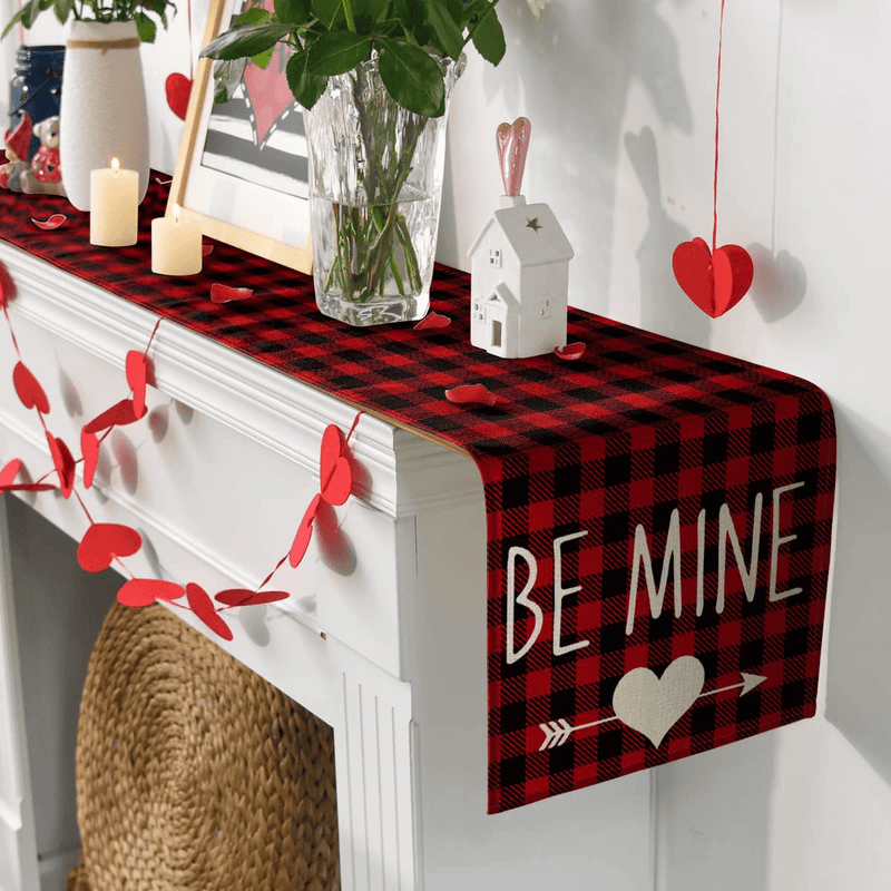 Artoid Mode Buffalo Plaid Be Mine Arrow Love Heart Table Runner, Seasonal Valentine'S Day Anniversary Wedding Holiday Kitchen Dining Table Runners for Home Party Decor 13 X 108 Inch Home & Garden > Decor > Seasonal & Holiday Decorations Artoid Mode   