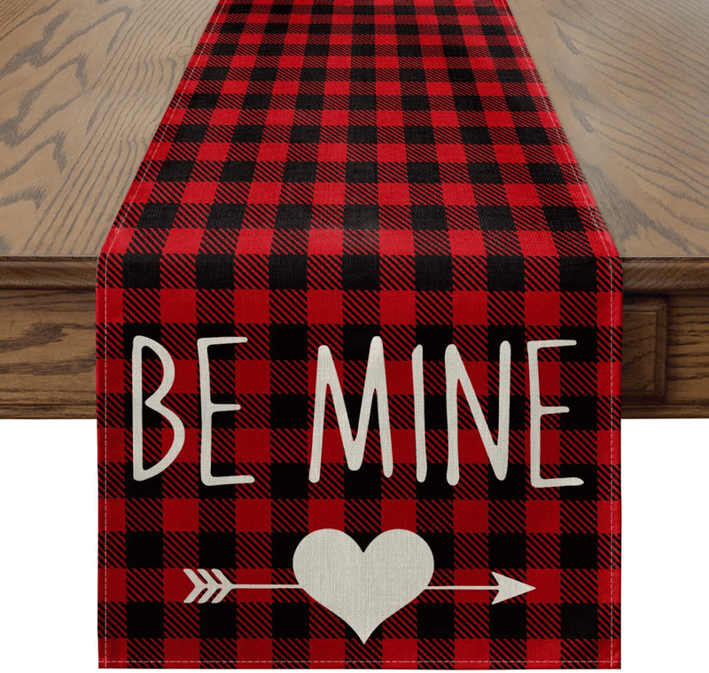 Artoid Mode Buffalo Plaid Be Mine Arrow Love Heart Table Runner, Seasonal Valentine'S Day Anniversary Wedding Holiday Kitchen Dining Table Runners for Home Party Decor 13 X 108 Inch Home & Garden > Decor > Seasonal & Holiday Decorations Artoid Mode 13" x 108"  