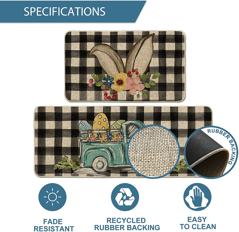 Artoid Mode Buffalo Plaid Bunny Ears Truck Easter Egg Easter Kitchen Mats Set of 2, Seasonal Spring Summer Anniversary Holiday Decorations for Home Kitchen - 17X29 and 17X47 Inch Home & Garden > Decor > Seasonal & Holiday Decorations Artoid Mode   