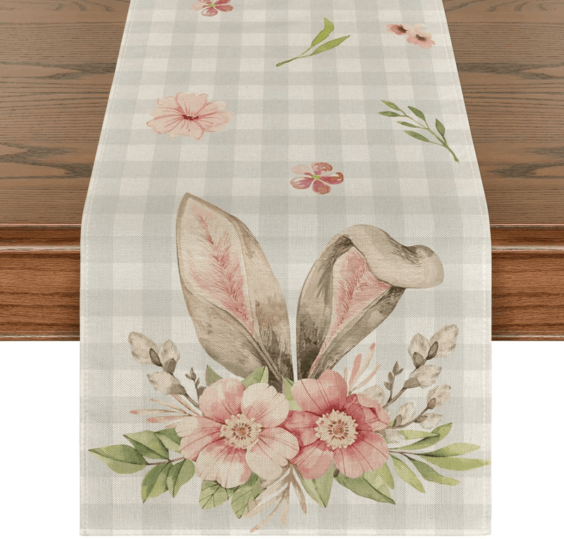 Artoid Mode Buffalo Plaid Bunny Rabbit Ears Flower Easter Table Runner, Spring Summer Seasonal Anniversary Holiday Kitchen Dining Table Decoration for Indoor Outdoor Home Party Decor 13 X 72 Inch Home & Garden > Decor > Seasonal & Holiday Decorations Artoid Mode Table Runner, 13" x 72"  