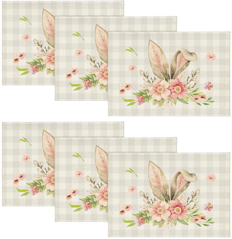 Artoid Mode Buffalo Plaid Bunny Rabbit Ears Flower Easter Table Runner, Spring Summer Seasonal Holiday Kitchen Dining Table Decoration for Indoor Outdoor Home Party Decor 13 X 72 Inch Home & Garden > Decor > Seasonal & Holiday Decorations Artoid Mode Beige 12" x 18", Placemats Set of 6 