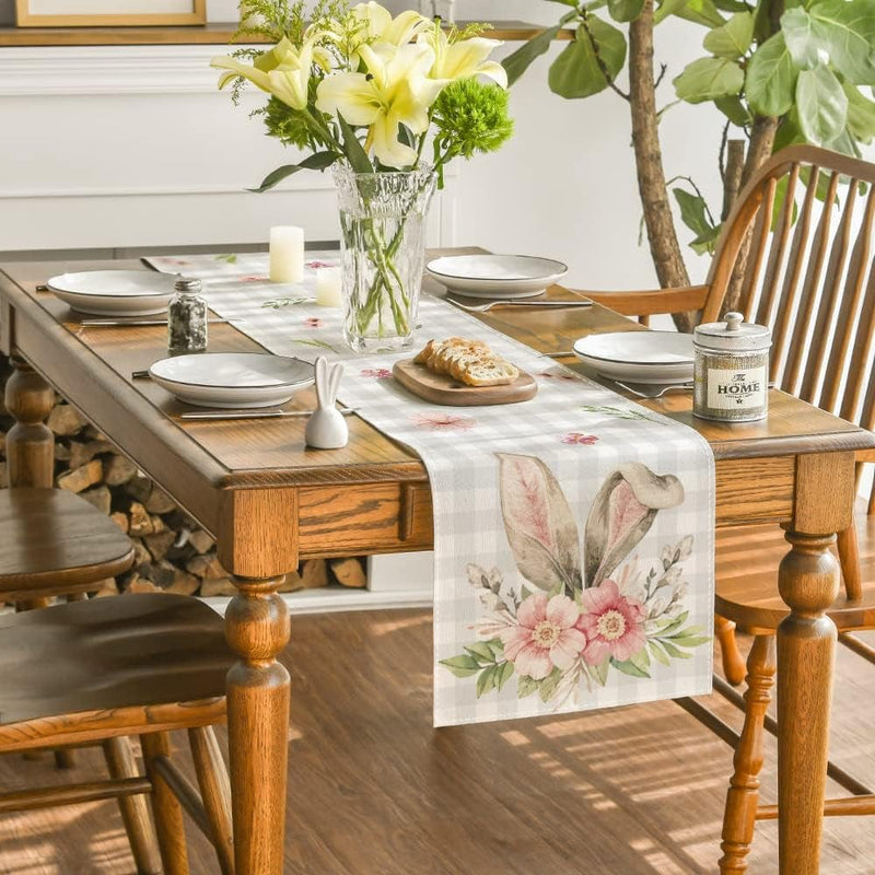 Artoid Mode Buffalo Plaid Bunny Rabbit Ears Flower Easter Table Runner, Spring Summer Seasonal Holiday Kitchen Dining Table Decoration for Indoor Outdoor Home Party Decor 13 X 72 Inch Home & Garden > Decor > Seasonal & Holiday Decorations Artoid Mode   