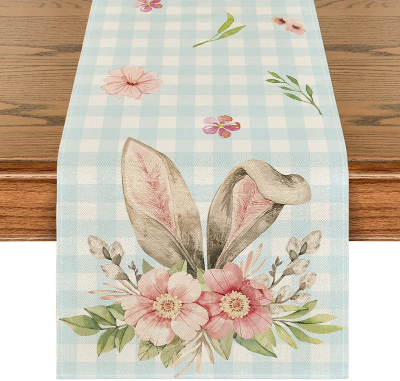 Artoid Mode Buffalo Plaid Bunny Rabbit Ears Flower Easter Table Runner, Spring Summer Seasonal Holiday Kitchen Dining Table Decoration for Indoor Outdoor Home Party Decor 13 X 72 Inch Home & Garden > Decor > Seasonal & Holiday Decorations Artoid Mode Blue /White 13" x 108", Table Runner 