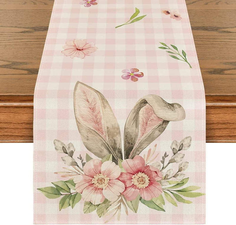 Artoid Mode Buffalo Plaid Bunny Rabbit Ears Flower Easter Table Runner, Spring Summer Seasonal Holiday Kitchen Dining Table Decoration for Indoor Outdoor Home Party Decor 13 X 72 Inch Home & Garden > Decor > Seasonal & Holiday Decorations Artoid Mode Pink/White 13" x 108", Table Runner 