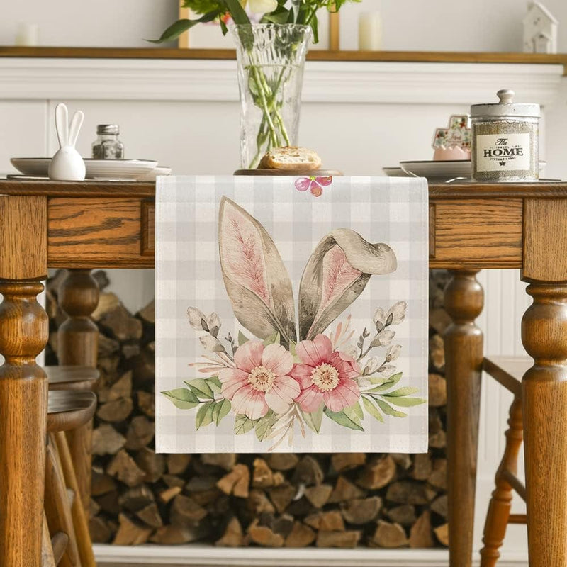 Artoid Mode Buffalo Plaid Bunny Rabbit Ears Flower Easter Table Runner, Spring Summer Seasonal Holiday Kitchen Dining Table Decoration for Indoor Outdoor Home Party Decor 13 X 72 Inch Home & Garden > Decor > Seasonal & Holiday Decorations Artoid Mode   