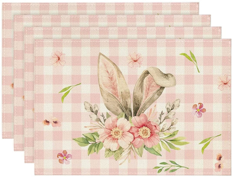 Artoid Mode Buffalo Plaid Bunny Rabbit Ears Flower Easter Table Runner, Spring Summer Seasonal Holiday Kitchen Dining Table Decoration for Indoor Outdoor Home Party Decor 13 X 72 Inch Home & Garden > Decor > Seasonal & Holiday Decorations Artoid Mode Pink/White 12" x 18", Placemats Set of 4 