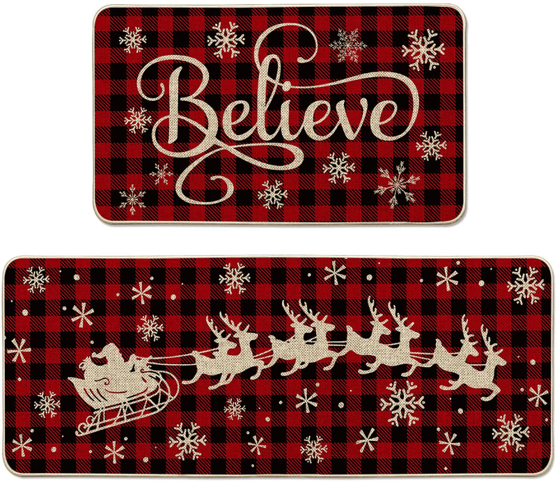 Artoid Mode Buffalo Plaid Elk Santa Sleigh Decorative Kitchen Rugs Set of 2 , Believe Winter Holiday Party Low-Profile Floor Mat Merry Christmas Decorations for Home Kitchen - 17x29 and 17x47 Inch Home & Garden > Decor > Seasonal & Holiday Decorations& Garden > Decor > Seasonal & Holiday Decorations Artoid Mode   