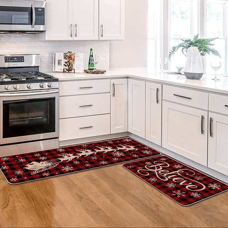 Artoid Mode Buffalo Plaid Elk Santa Sleigh Decorative Kitchen Rugs Set of 2 , Believe Winter Holiday Party Low-Profile Floor Mat Merry Christmas Decorations for Home Kitchen - 17x29 and 17x47 Inch Home & Garden > Decor > Seasonal & Holiday Decorations& Garden > Decor > Seasonal & Holiday Decorations Artoid Mode   