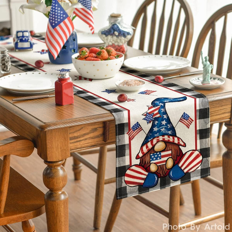 Artoid Mode Buffalo Plaid Gnome 4Th of July Patriotic Memorial Day Table Runner, Independence Day Holiday Kitchen Dining Table Decor for Indoor Outdoor Home Party Decoration 13 X 72 Inch