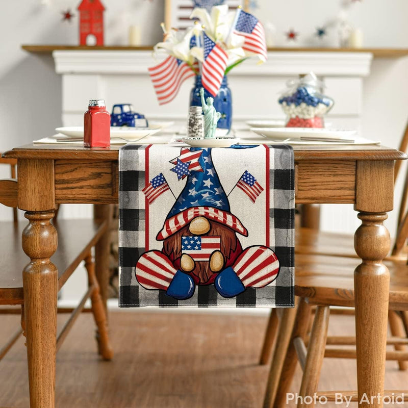 Artoid Mode Buffalo Plaid Gnome 4Th of July Patriotic Memorial Day Table Runner, Independence Day Holiday Kitchen Dining Table Decor for Indoor Outdoor Home Party Decoration 13 X 72 Inch Home & Garden > Decor > Seasonal & Holiday Decorations Artoid Mode   