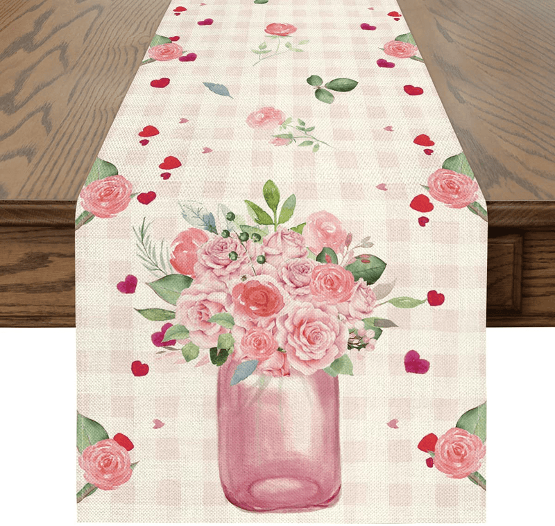 Artoid Mode Buffalo Plaid Heart Rose Vase Valentine'S Day Table Runner, Seasonal Anniversary Wedding Holiday Kitchen Dining Table Decoration for Indoor Outdoor Home Party Decor 13 X 72 Inch Home & Garden > Decor > Seasonal & Holiday Decorations Artoid Mode   