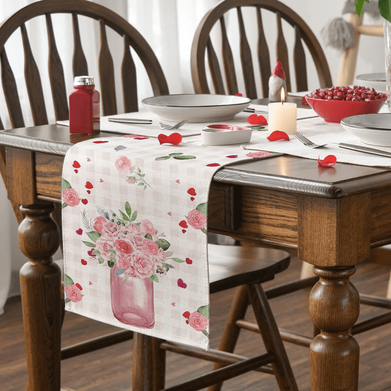 Artoid Mode Buffalo Plaid Heart Rose Vase Valentine'S Day Table Runner, Seasonal Anniversary Wedding Holiday Kitchen Dining Table Decoration for Indoor Outdoor Home Party Decor 13 X 72 Inch Home & Garden > Decor > Seasonal & Holiday Decorations Artoid Mode   