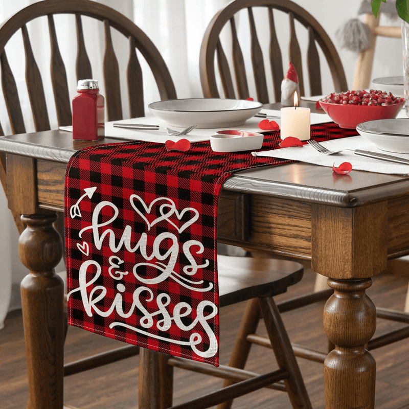 Artoid Mode Buffalo Plaid Hugs Kisses Valentine'S Day Table Runner, Seasonal Anniversary Wedding Holiday Kitchen Dining Table Decoration for Indoor Outdoor Home Party Decor 13 X 72 Inch Home & Garden > Decor > Seasonal & Holiday Decorations Artoid Mode   