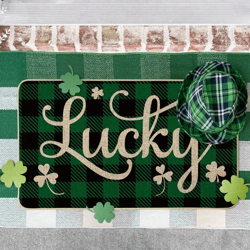 Artoid Mode Buffalo Plaid Lucky Clover Shamrock Decorative Doormat, Seasonal Spring St. Patrick'S Day Holiday Low-Profile Floor Mat Switch Mat for Indoor Outdoor 17 X 29 Inch Arts & Entertainment > Party & Celebration > Party Supplies Artoid Mode   