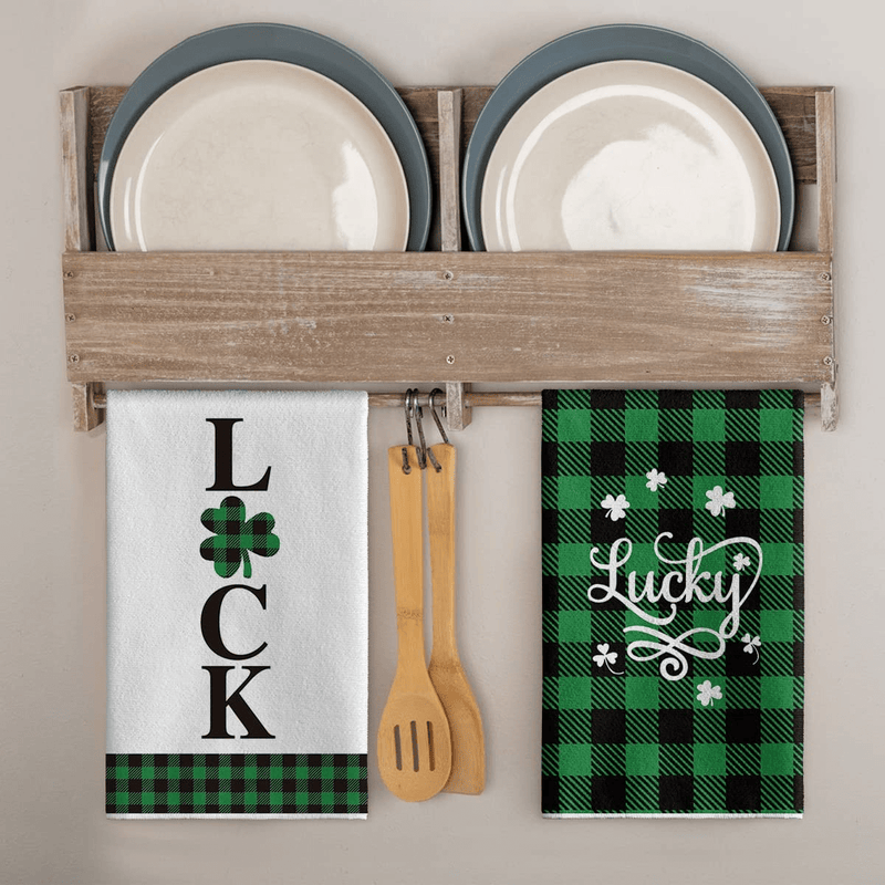 Artoid Mode Buffalo Plaid Lucky Clover Shamrock Kitchen Dish Towels, 18 X 26 Inch Seasonal St. Patrick'S Day Quotes Ultra Absorbent Drying Cloth Tea Towels for Cooking Baking Set of 4 Arts & Entertainment > Party & Celebration > Party Supplies Artoid Mode   