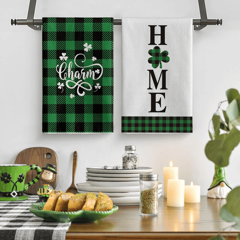 Artoid Mode Buffalo Plaid Lucky Clover Shamrock Kitchen Dish Towels, 18 X 26 Inch Seasonal St. Patrick'S Day Quotes Ultra Absorbent Drying Cloth Tea Towels for Cooking Baking Set of 4 Arts & Entertainment > Party & Celebration > Party Supplies Artoid Mode   
