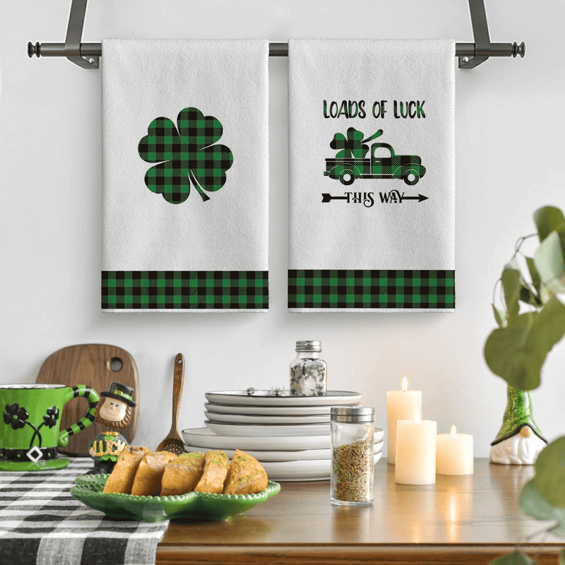 Artoid Mode Buffalo Plaid Lucky Clover Shamrock Truck Kitchen Dish Towels, 18 X 26 Inch Seasonal St. Patrick'S Day Ultra Absorbent Drying Cloth Tea Towels for Cooking Baking Set of 2 Arts & Entertainment > Party & Celebration > Party Supplies Artoid Mode   