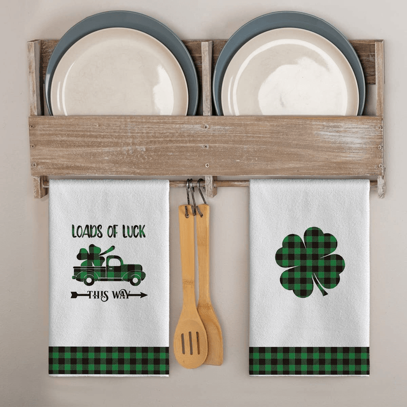 Artoid Mode Buffalo Plaid Lucky Clover Shamrock Truck Kitchen Dish Towels, 18 X 26 Inch Seasonal St. Patrick'S Day Ultra Absorbent Drying Cloth Tea Towels for Cooking Baking Set of 2 Arts & Entertainment > Party & Celebration > Party Supplies Artoid Mode   