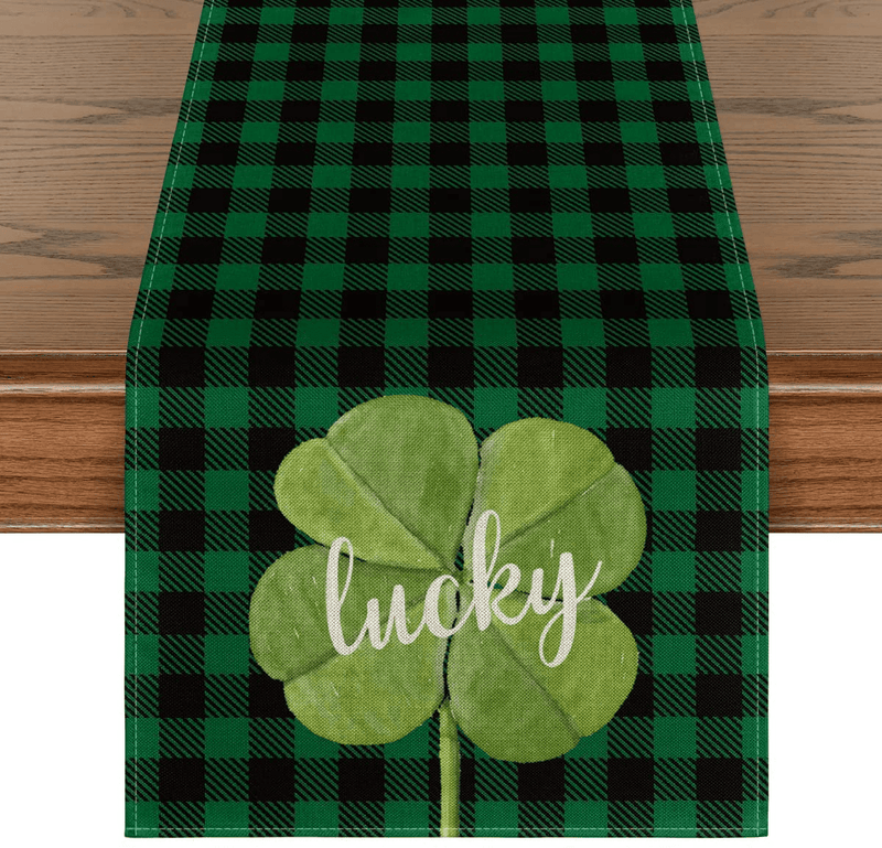 Artoid Mode Buffalo Plaid Lucky Table Runner Clover Shamrock, Seasonal St. Patrick'S Day Holiday Kitchen Dining Table Runner for Home Party Decor 13 X 72 Inch Arts & Entertainment > Party & Celebration > Party Supplies Artoid Mode 13" x 72"  