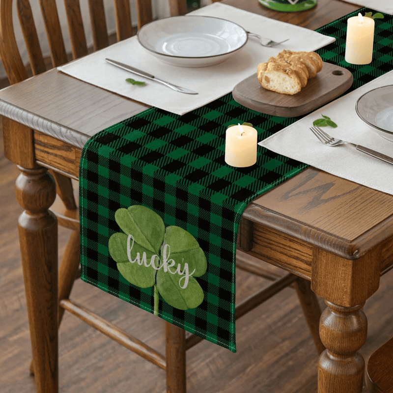 Artoid Mode Buffalo Plaid Lucky Table Runner Clover Shamrock, Seasonal St. Patrick'S Day Holiday Kitchen Dining Table Runner for Home Party Decor 13 X 72 Inch Arts & Entertainment > Party & Celebration > Party Supplies Artoid Mode   