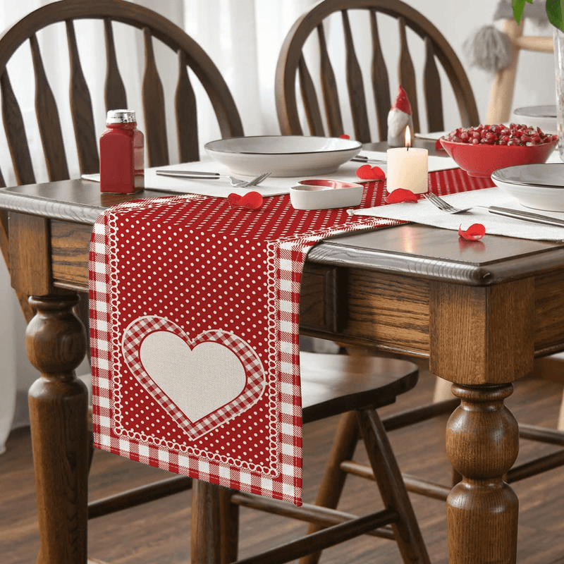 Artoid Mode Buffalo Plaid Polka Dot Heart Valentine'S Day Table Runner, Seasonal Anniversary Wedding Holiday Kitchen Dining Table Decoration for Indoor Outdoor Home Party Decor 13 X 72 Inch Home & Garden > Decor > Seasonal & Holiday Decorations Artoid Mode   